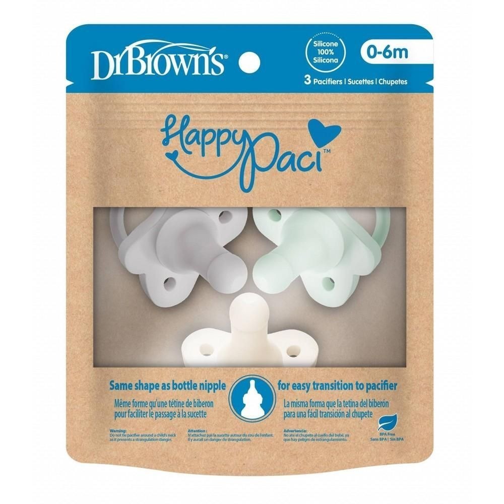 Dr. Browns HappyPaci Silicone Pacifier 3 Pack 0-6m Grey Green Ecru BPA Free